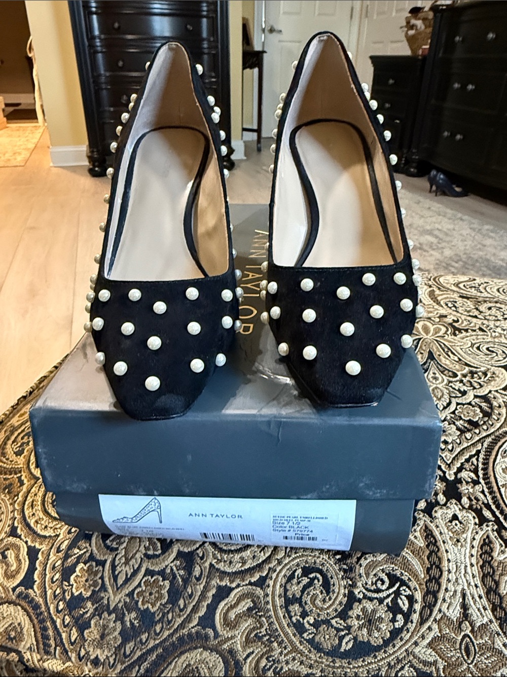 Ann Taylor Black Pearl-Studded Pointed-Toe Pumps